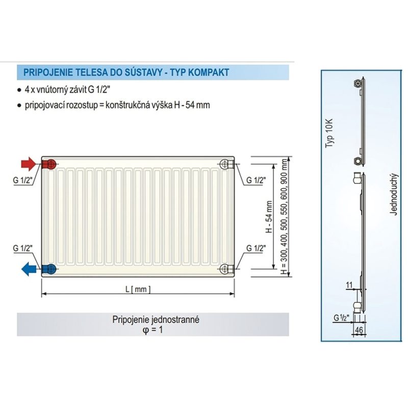 Panelový radiátor KORAD 10K 400 x 2800, Kompakt, 1044280013
