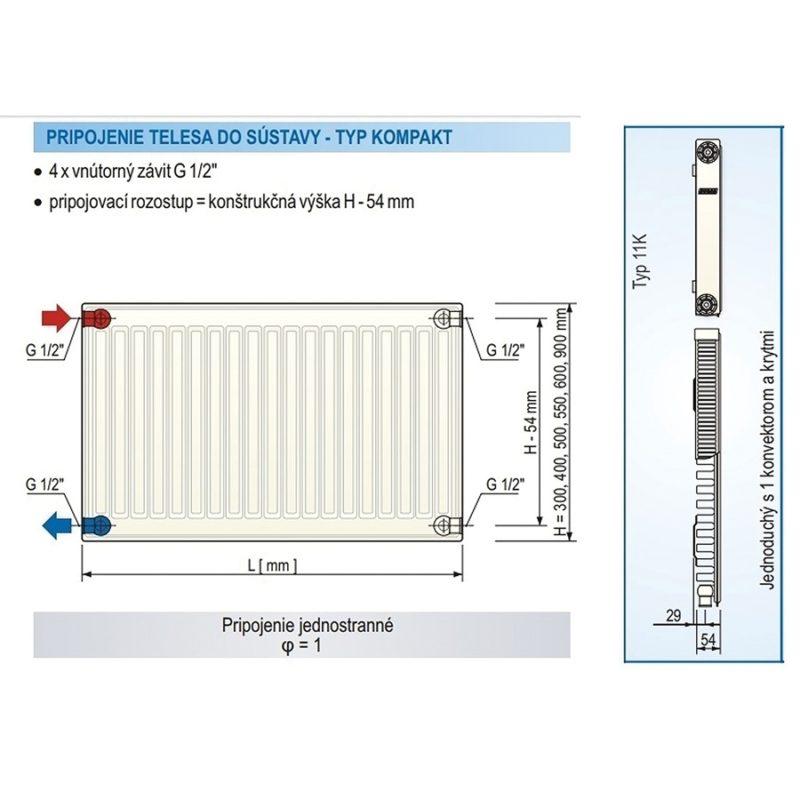 Panelový radiátor KORAD 11K 300 x 1000, Kompakt, 1143102013