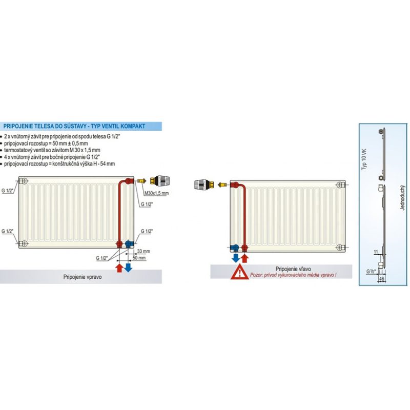 Panelový radiátor KORAD 10VK 300 x 800, Ventil Kompakt, 1033080013