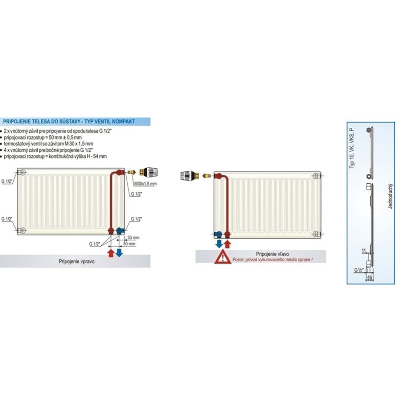 Panelový radiátor KORAD 10VK 500 x 1500, Ventil Kompakt, 1035150013