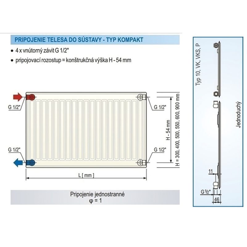 Panelový radiátor KORAD 10K 600 x 1200, Kompakt, 1046120013