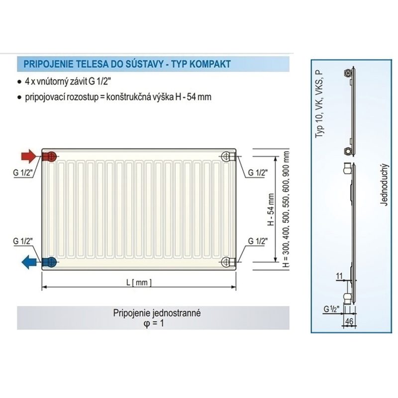 Panelový radiátor KORAD 10K 900 x 400, Kompakt, 1049040013