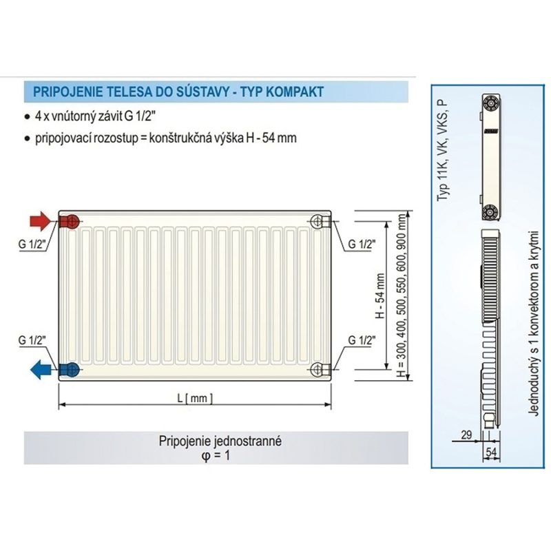 Panelový radiátor KORAD 11K 400 x 800, Kompakt, 1144082013