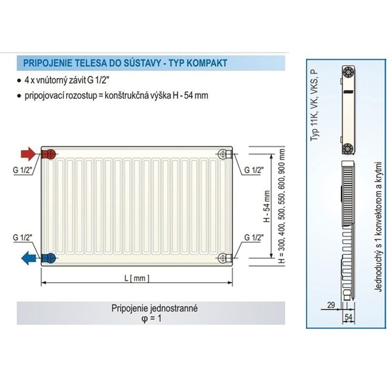 Panelový radiátor KORAD 11K 500 x 400, Kompakt, 1145042013