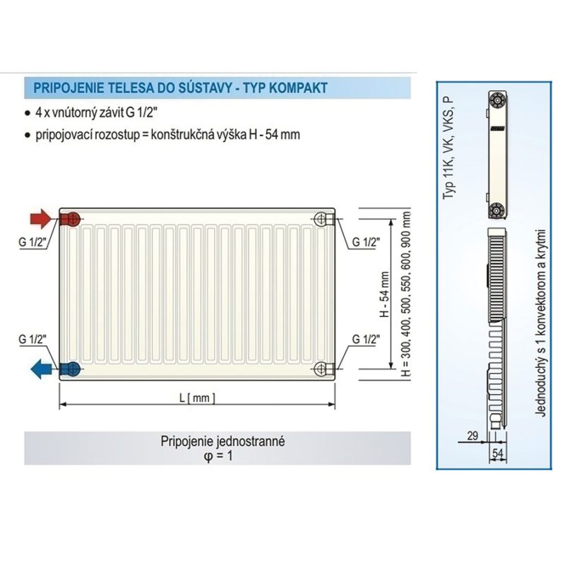 Panelový radiátor KORAD 11K 600 x 900, Kompakt, 1146092013