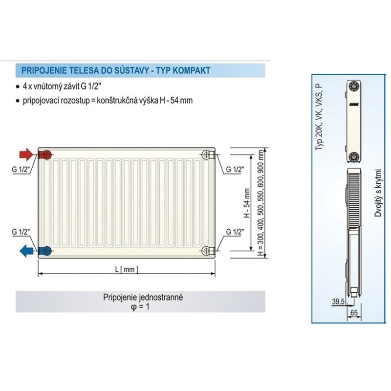Panelový radiátor KORAD 20K 400 x 800, Kompakt, 2044084013U