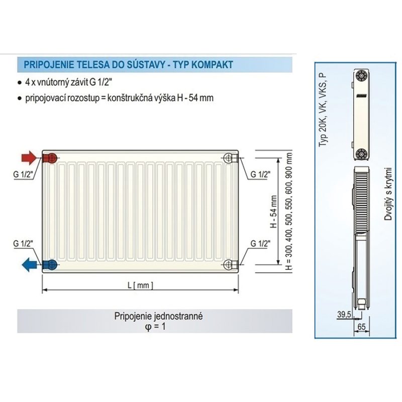Panelový radiátor KORAD 20K 500 x 400, Kompakt, 2045044013U