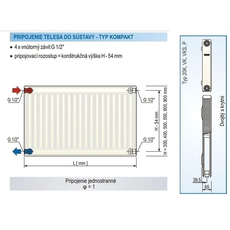 Panelový radiátor KORAD 20K 600 x 2500, Kompakt, 2046254013U