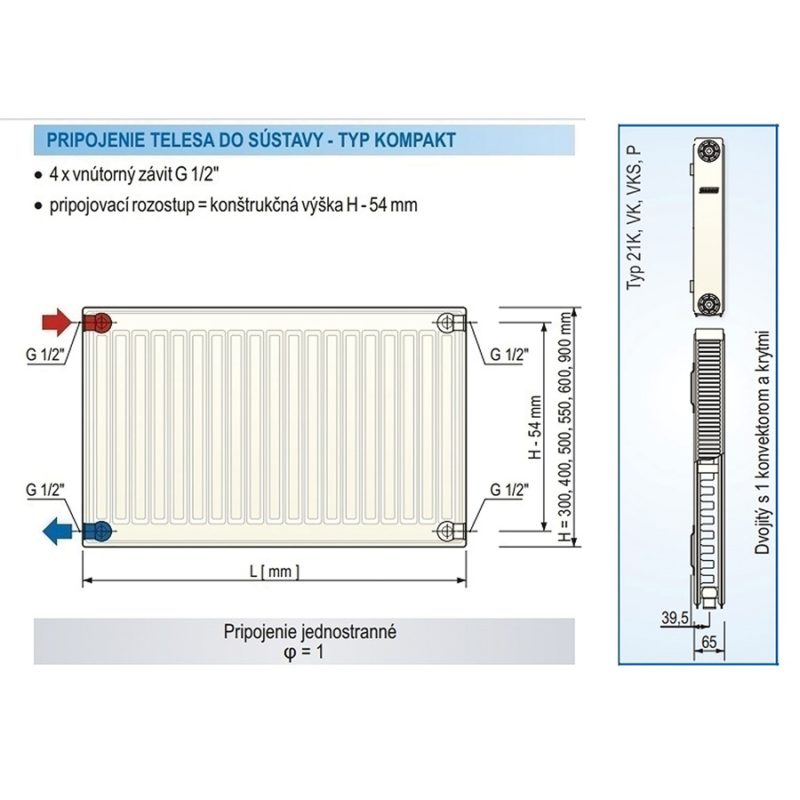 Panelový radiátor KORAD 21K 400 x 1200, Kompakt, 2144124013U