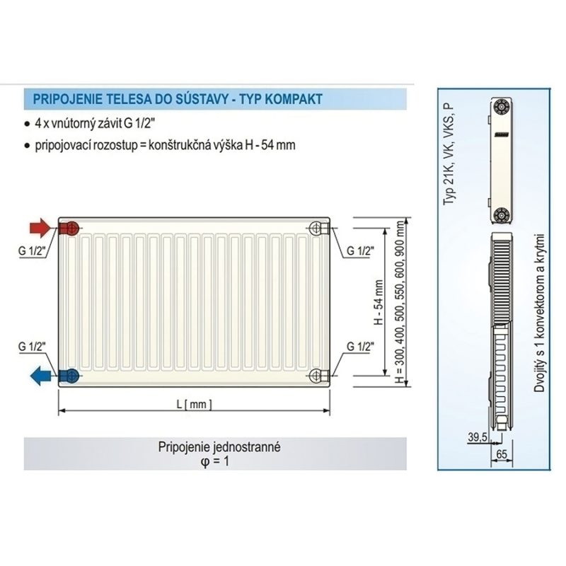 Panelový radiátor KORAD 21K 900 x 400, Kompakt, 2149044013U
