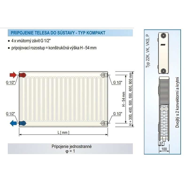 Panelový radiátor KORAD 22K 300 x 1700, Kompakt, 2243172013