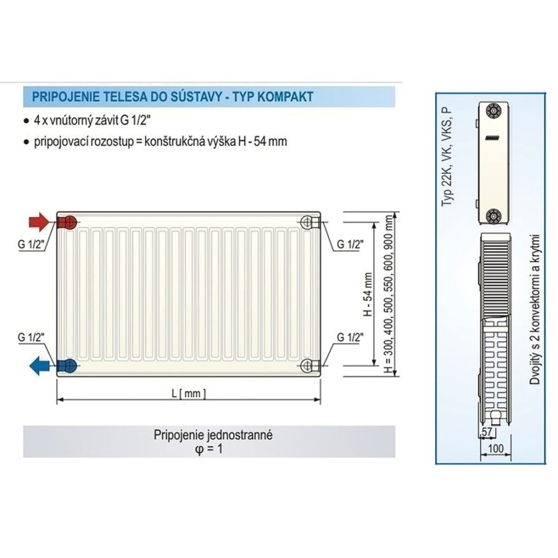 Panelový radiátor KORAD 22K 400 x 600, Kompakt, 2244062013