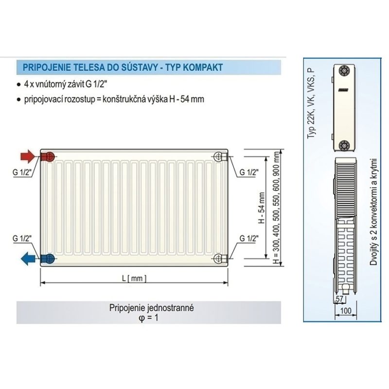 Panelový radiátor KORAD 22K 600 x 700, Kompakt, 2246072013