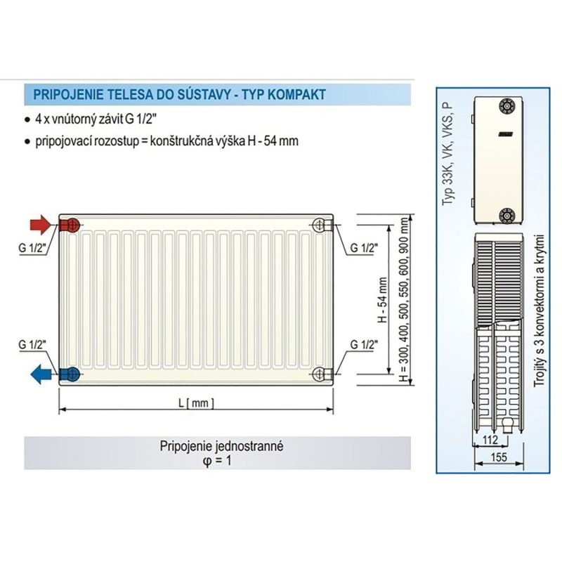 Panelový radiátor KORAD 33K 300 x 800, Kompakt, 3343082013